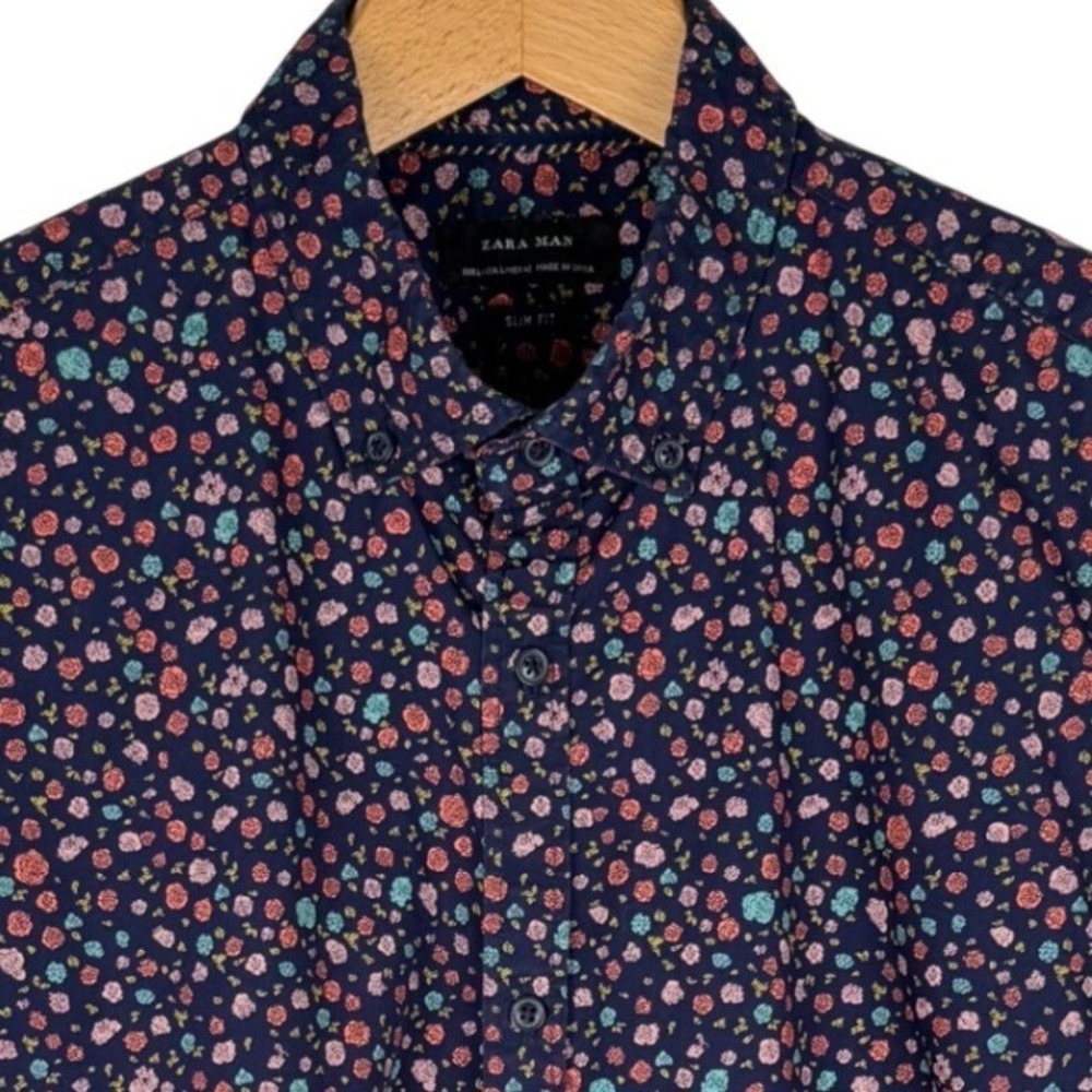 Zara Man Slim Fit Short Sleeve Shirt Mens L Slim Fit Navy Blue Micro Floral Rose